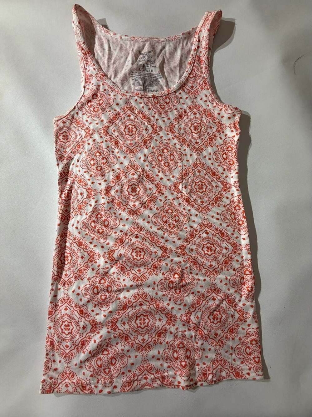 Faded Glory Orange & White Geometric Printed Ribbed Tank Top Womens Large